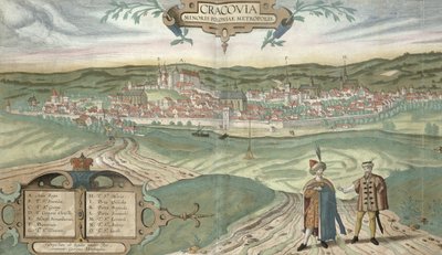 Krakovan kartta, Georg Braunin (1541-1622) ja Frans Hogenbergin (1535-90) julkaisusta "Maailman kaupungit", n. 1572 tekijältä Joris Hoefnagel