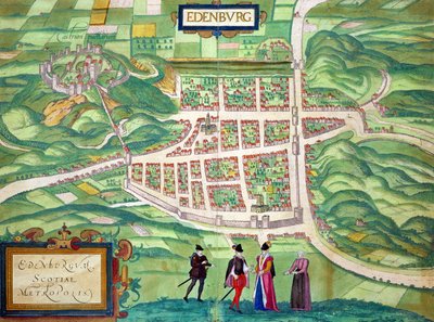 Edinburghin kartta, Georg Braunin (1541-1622) ja Frans Hogenbergin (1535-90) julkaisusta "Maailman kaupungit" n. 1572-1617 tekijältä Joris Hoefnagel