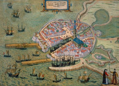 Flissingan kartta, Georg Braunin (1541-1622) ja Frans Hogenbergin (1535-90) Civitates Orbis Terrarum -julkaisusta c.1572-1617 tekijältä Joris Hoefnagel