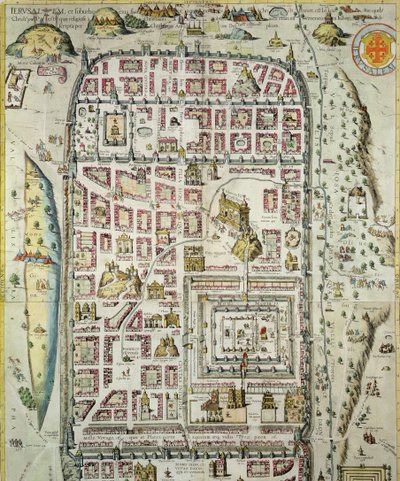 Jerusalemin ja ympäröivän alueen kartta Georg Braunin (1541-1622) ja Frans Hogenbergin (1535-90) Civitates Orbis Terrarumista n. 1572-1617 (katso 138906) tekijältä Joris Hoefnagel