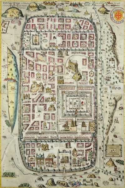 Jerusalemin ja ympäröivän alueen kartta Georg Braunin (1541-1622) ja Frans Hogenbergin (1535-90) Civitates Orbis Terrarumista n. 1572-1617 (katso 138905-96) tekijältä Joris Hoefnagel