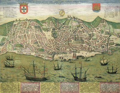 Lissabonin kartta, Georg Braunin (1541-1622) ja Frans Hogenbergin (1535-90) Civitates Orbis Terrarum -teoksesta, n. 1572 tekijältä Joris Hoefnagel