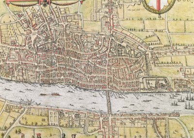 Lontoon kartta, "Cities of the World", kirjoittaneet Georg Braun (1542-1622) ja Frans Hogenburg (1635-90), n. 1572 tekijältä Joris Hoefnagel