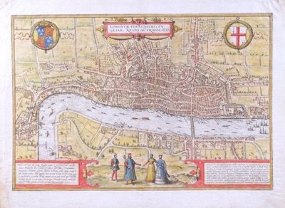 Lontoon kartta, Civitates Orbis Terrarum, Georg Braun (1542-1622) ja Frans Hogenburg (1635-90), n. 1572 (katso myös 51896 ja 58543) tekijältä Joris Hoefnagel