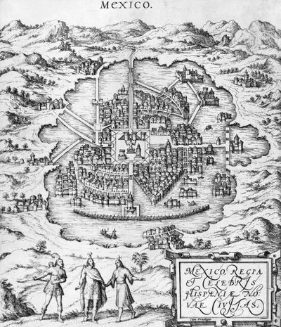 Meksikon kartta, Georg Braunin (1541-1622) ja Frans Hogenbergin (1535-90) kuvitus "Civitates Orbis Terrarumista" n. 1572 tekijältä Joris Hoefnagel
