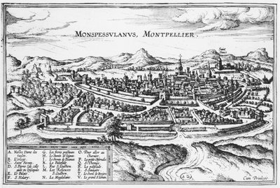 Montpellierin kartta, Georg Braunin (1541-1622) ja Frans Hogenbergin (1535-90) teoksesta Civitates Orbis Terrarum, Bryssel, 1574 (katso myös 121038) tekijältä Joris Hoefnagel