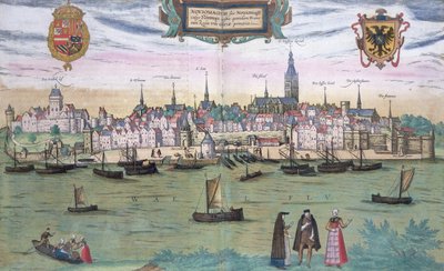 Nijmegenin kartta, Georg Braunin (1541-1622) ja Frans Hogenburgin (1535-90) julkaisusta "Maailman kaupungit", n. 1572 tekijältä Joris Hoefnagel