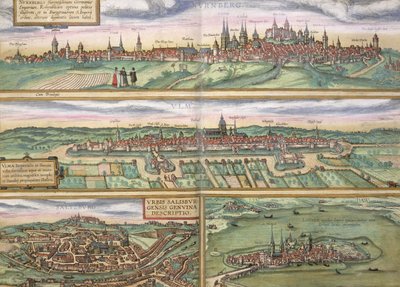 Nürnbergin, Ulmin ja Saltzburgin kartta Georg Braunin (1541-1622) ja Frans Hogenbergin (1535-90) Civitates Orbis Terrarumista, n. 1572 (värikaiverrus) tekijältä Joris Hoefnagel