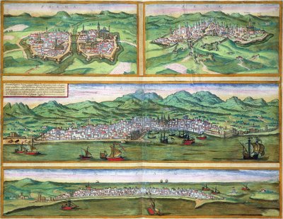 Parman, Sienan, Palermon ja Trapanin kartta Georg Braunin (1541-1622) ja Frans Hogenbergin (1535-90) "Maailman kaupungeista" n. 1572 tekijältä Joris Hoefnagel