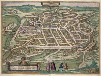 Liettuan Vilnan kartta Georg Braunin (1541-1622) ja Frans Hogenbergin (1535-90) julkaisusta "Maailman kaupungit" c.1572-1617 tekijältä Joris Hoefnagel
