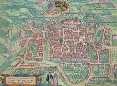 Weimarin kartta, Georg Braunin (1541-1622) ja Frans Hogenbergin (1535-90) Civitates Orbis Terrarum -julkaisusta c.1572-1617 tekijältä Joris Hoefnagel