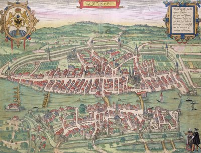 Georg Braunin (1541-1622) ja Frans Hogenbergin (1535-90) "Civitates Orbis Terrarum" -teoksesta peräisin oleva Zürichin kartta, n. 1572-1617. tekijältä Joris Hoefnagel