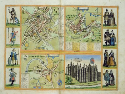 Yorkin, Shrewsburyn, Lancasterin ja Richmondin kartat Georg Braunin (1541-1622) ja Frans Hogenbergin (1535-90) Civitates Orbis Terrarumista n. 1572-1617 tekijältä Joris Hoefnagel