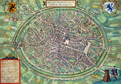 Bruggen kaupunkisuunnitelma Georg Braunin (1541-1622) ja Frans Hogenburgin (1535-90) "Maailman kaupungeista" n. 1572 tekijältä Joris Hoefnagel