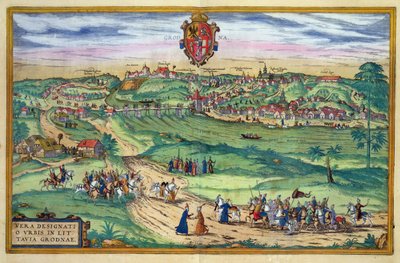 Georg Braunin (1541-1622) ja Frans Hogenbergin (1535-90) "Civitates Orbis Terrarum" -teoksesta peräisin oleva Grodnon asemakaava, noin 1572. tekijältä Joris Hoefnagel