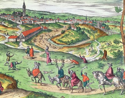 Sevillan kaupunkisuunnitelma, Georg Braunin Civitates Orbis Terrarumista 1541-1622 ja Frans Hogenbergistä 1535-90, 1593 värillinen kaiverrus yksityiskohta numerosta 121051 tekijältä Joris Hoefnagel