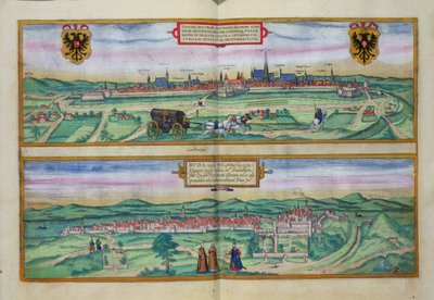 Wienin ja Budan kaupunkisuunnitelma Georg Braunin (1541-1622) ja Frans Hogenbergin (1535-90) Civitates Orbis Terrarumista, n. 1572 tekijältä Joris Hoefnagel