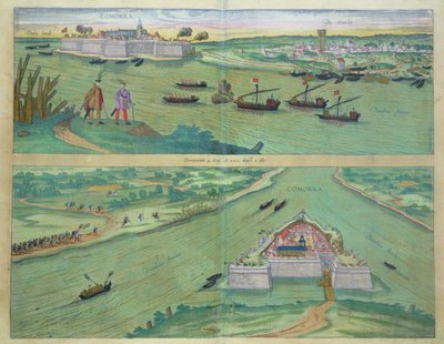 Kaksi näkymää Comorrasta, Georg Braunin (1541-1622) ja Frans Hogenburgin (1535-90) teoksesta "Civitates Orbis Terrarum", noin 1572. tekijältä Joris Hoefnagel