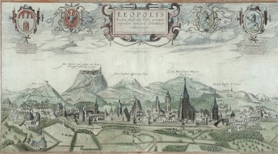 Näkymä Leopolikseen Georg Braunin (1541-1622) ja Frans Hogenbergin (1535-90) Civitates Orbis Terrarumista tekijältä Joris Hoefnagel