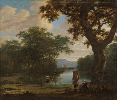 Maisema, jossa on kalastaja ja neliöverkko, noin 1645-1655 (öljy kankaalle) tekijältä Joris van der Haagen or Hagen