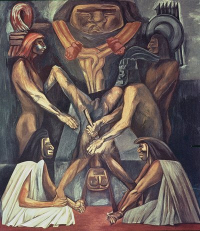 Muinainen ihmisuhri. elokuvasta The Epic of the American Civilization tekijältä José Clemente Orozco