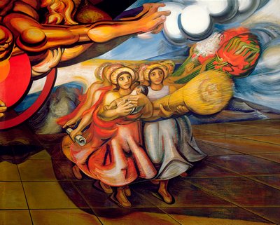 Meksikolaiset naiset lastensa ja työnsä tuotteiden kanssa marssivat vaatimaan oikeuksiaan syklistä, "Meksikolaiset vaativat sosiaaliturvaa" (fresko) tekijältä José Clemente Orozco