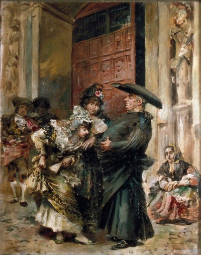 ""Messun uloskäynti"": kaksi naista tutkimassa hoidon vatsaa kirkon uloskäynnissä. Jose Denis Belgranon (1844-1917) maalaus, 1800-luvun toinen puoli. Öljy kankaalle. tekijältä Jose Denis Belgrano