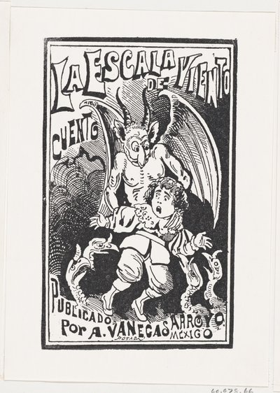 Demoni pitelee nuorta poikaa olkapäillään korppikotkaryhmän päällä, kuvitus..., n. 1880-1910. tekijältä José Guadalupe Posada