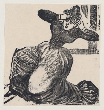 Huuhteleva nainen maassa, kädet nostettuna päätään vasten, leveästä kyljestä otsikolla..., 1893. tekijältä José Guadalupe Posada