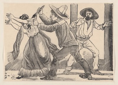 Mies tarttuu naista hihasta ja puukotti häntä kyljestä, jonka otsikkona on "The murha...", 1891. tekijältä José Guadalupe Posada