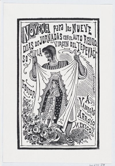 Mies pitelee ylhäällä kangaspalaa, jossa on Neitsyt kuva, kuva ..., n. 1880-1910. tekijältä José Guadalupe Posada