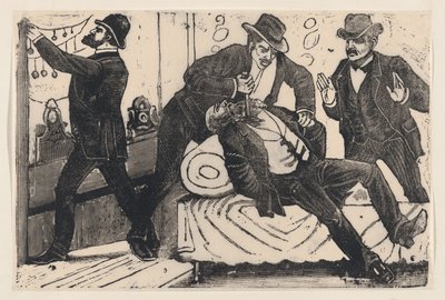 Mies puukotti toista miestä rintaan, kun hänen työtoverinsa ryöstävät kauppaa..., noin. 1890-1891. tekijältä José Guadalupe Posada