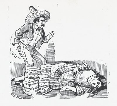 Mies aseella seisomassa naisen päällä, jonka hän on juuri ampunut, n. 1880-1910, n. 1880-1910. tekijältä José Guadalupe Posada