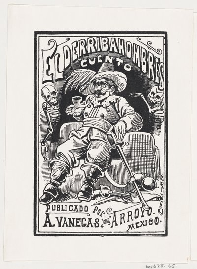 Mies, jolla on aseet ja piippu suussa, jota reunustavat kaksi luurankoa, kuva..., n. 1880-1910. tekijältä José Guadalupe Posada