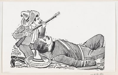 Vallankumouksellinen pitelee kivääriä ja polvistuu suojellakseen kaatunutta vallankumouksellista, c..., n. 1880-1910. tekijältä José Guadalupe Posada
