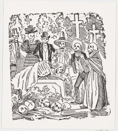 Luuranko peitetty lakanalla, joka itkee hautausmaalla, leveästä kyljestä otsikolla "..., n. 1880-1910. tekijältä José Guadalupe Posada