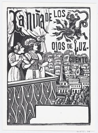 Nainen ja mies seisovat parvekkeella katsomassa lentävää hirviötä taivaalla..., n. 1880-1910. tekijältä José Guadalupe Posada