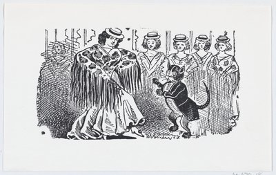 Nainen tanssii kissan kanssa puvussa, n. 1880-1910, n. 1880-1910. tekijältä José Guadalupe Posada