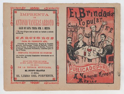 Kansi elokuvalle "El Brindador Popular", mies nostaa maljan ihmisryhmän istuimelle..., noin. 1880-1910. tekijältä José Guadalupe Posada