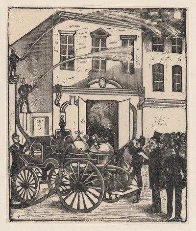 Palomiehet sammuttamassa tulipaloa talossa, paloauto etualalla, n. 1880-1910, n. 1880-1910. tekijältä José Guadalupe Posada