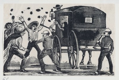 Miehet taistelevat hevosen ja vaunujen lähellä, n. 1900-1910, n. 1900-1910. tekijältä José Guadalupe Posada