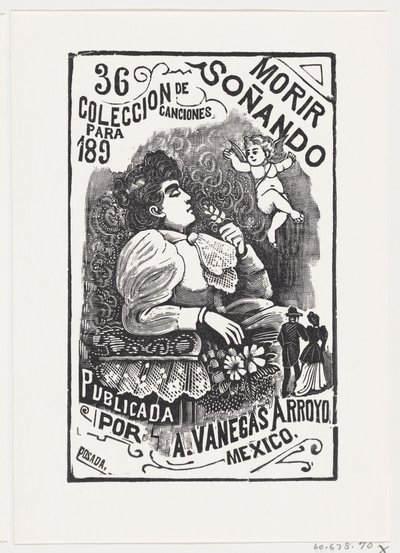 Profiili naisesta, joka istuu tuolissa pää takana ja kädessään kukka, il..., ca. 1890. tekijältä José Guadalupe Posada