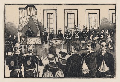 Tomas Hernandez Aguirren murhaajien oikeudenkäynti laajalta puolelta nimeltä "E..., ca. 1890-1891. tekijältä José Guadalupe Posada