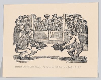 Kaksi miestä areenalla kukot pitelemässä taistelua valmistautumassa, n. 1890-1910, uusintapainos 1964. tekijältä José Guadalupe Posada