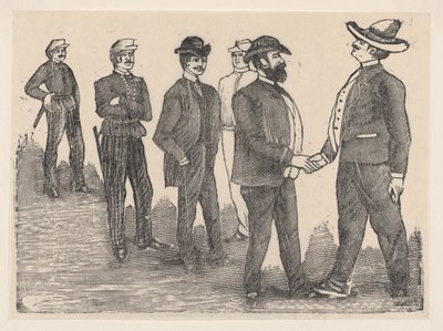 Kaksi miestä kättelemässä etualalla ja upseerit katsomassa heitä taustalla..., n. 1880-1910. tekijältä José Guadalupe Posada
