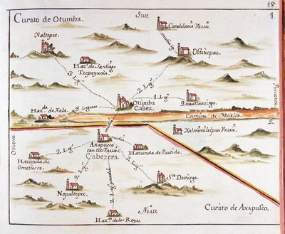 ALZATE, Jose Antonio (1737-1799). Tutkija ja kirjailija. Meksikon arkkihiippakunnan suunnitelma. Otumban (Otumba tai Ozumba) ja Axapulcon (Acapulco) seurakunta. 1767. Jose Antonio Alzaten kaiverrus. Kaiverrus. ESPANJA. CASTILE-LA-MANCHA. Toledo. Valtio P tekijältä Jose Antonio Alzate