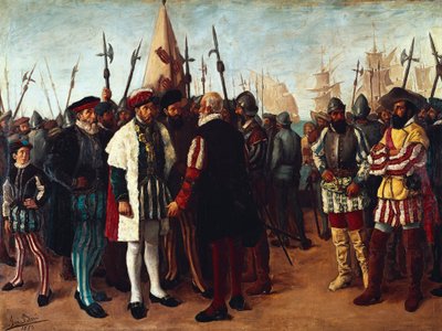 "Ranskan kuningas Francois I (1494-1547) Valencian satamassa" 1800-luku (maalaus) tekijältä Jose Bru Albinana