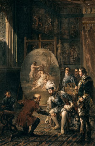 ""Keisari Kaarle V (1500-1558) tarttumassa taidemaalari Tiziano Vecellion siveltimeen sanoi Titian (1485-1576), taidemaalari keisarin hovissa"" Jose Felipe Parran (1824-1864) maalaus 1800-luvun Valencia, Museo de Bellas Artes San Pio V tekijältä Jose Felipe Parra