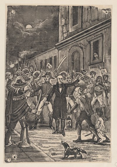 Ryhmä aseistautuneita miehiä esittää itsenäisyyshuudon tekijältä José Guadalupe Posada