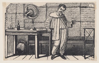 Mies lasi kädessään katsoo alaspäin ja nojaa pöytään, kuvitus teoksesta "El huérfano" tekijältä José Guadalupe Posada